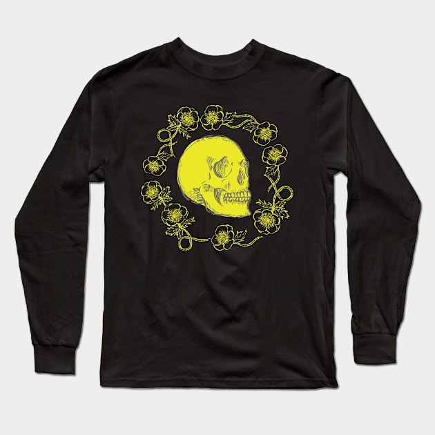 Skulls and Anemones Neon Yellow Bright Long Sleeve T-Shirt by Cecilia Mok